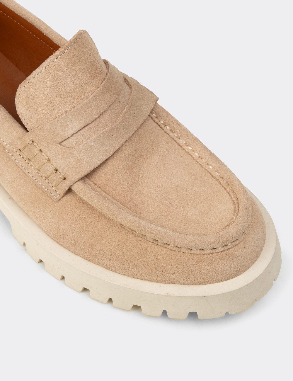Women's Beige Suede Leather Loafers - 02034ZBEJC01