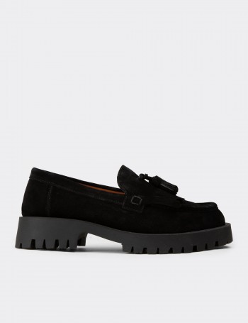 Women's Black Suede Leather Tassel Loafers