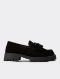 Women's Black Suede Leather Tassel Loafers