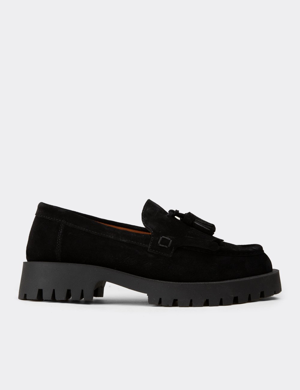 Women's Black Suede Leather Tassel Loafers - 02033ZSYHC01