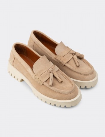 Women's Beige Suede Leather Loafers