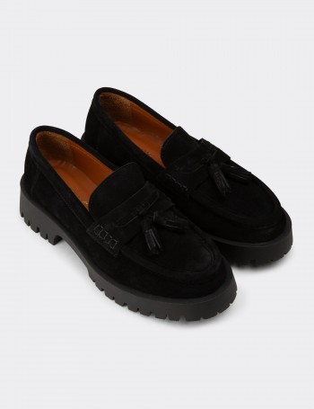Women's Black Suede Leather Tassel Loafers