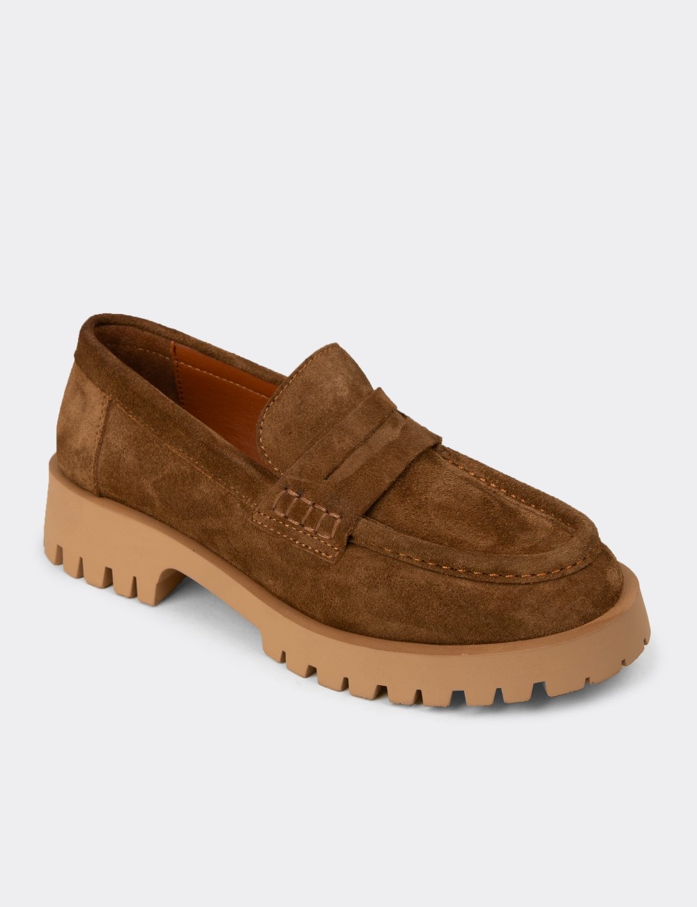 Women's Tan Suede Leather Loafers - 02034ZTBAC01
