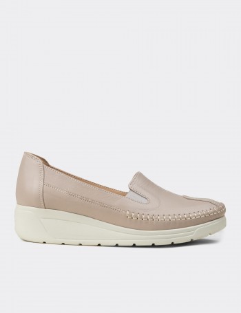 Women's Beige Leather Comfort Wedge Slip-On