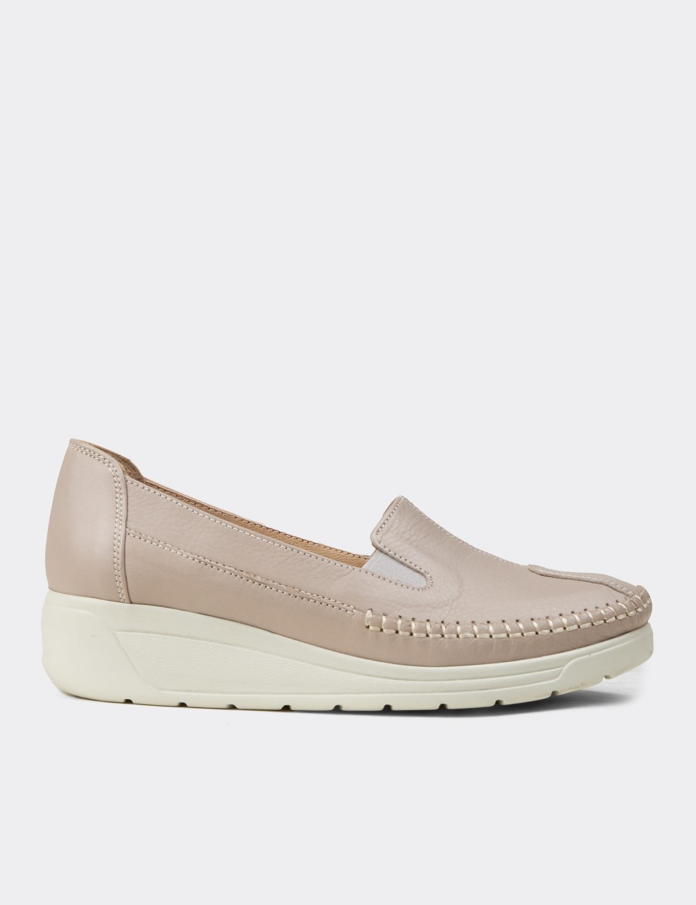 Women's Beige Leather Comfort Wedge Slip-On - N0134ZBEJC01