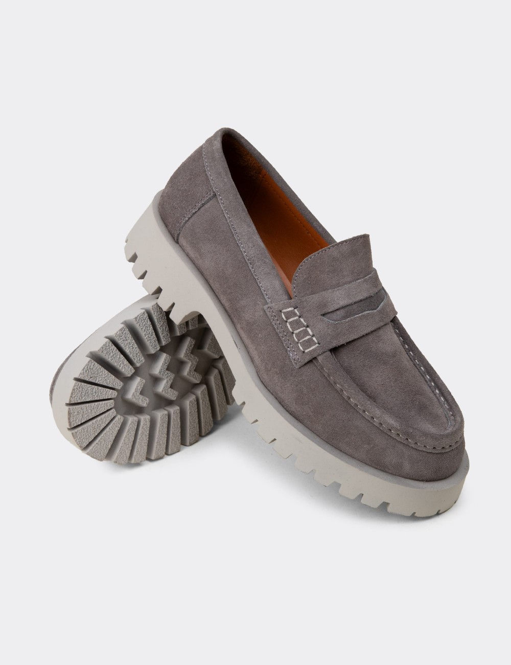 Women's Gray Suede Leather Loafers - 02034ZGRIC01