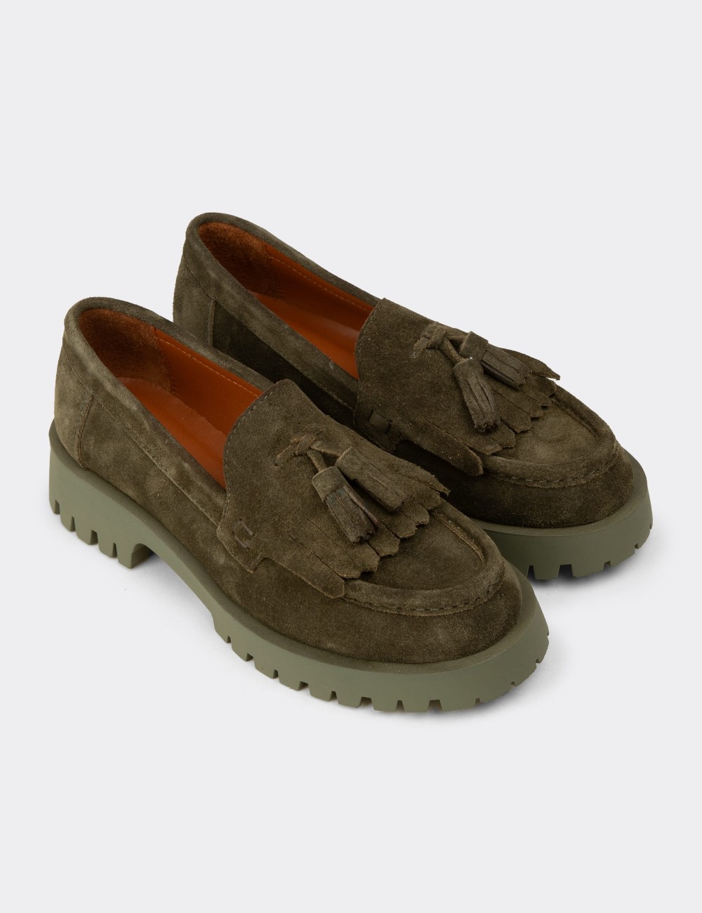 Women's Green Suede Leather Tassel Loafers - 02033ZYSLC01