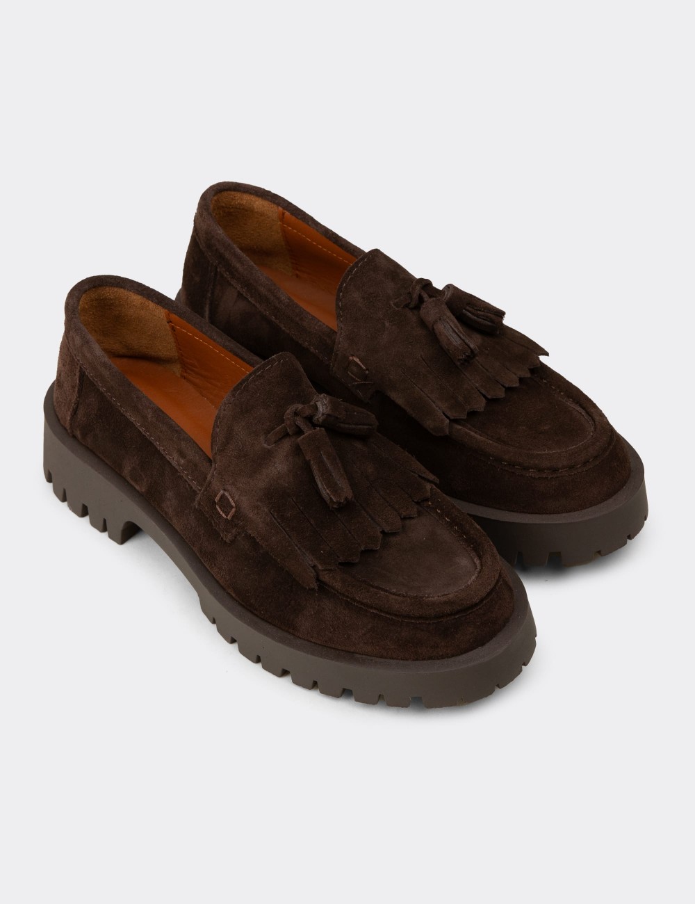 Women's Brown Suede Leather Tassel Loafers - 02033ZKHVC01