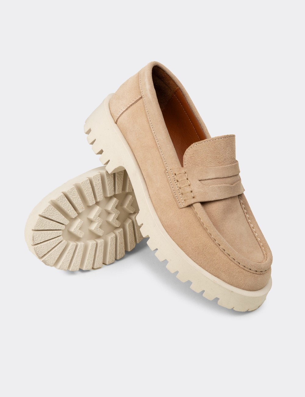 Women's Beige Suede Leather Loafers - 02034ZBEJC01
