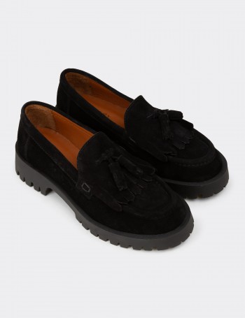 Women's Black Suede Leather Tassel Loafers