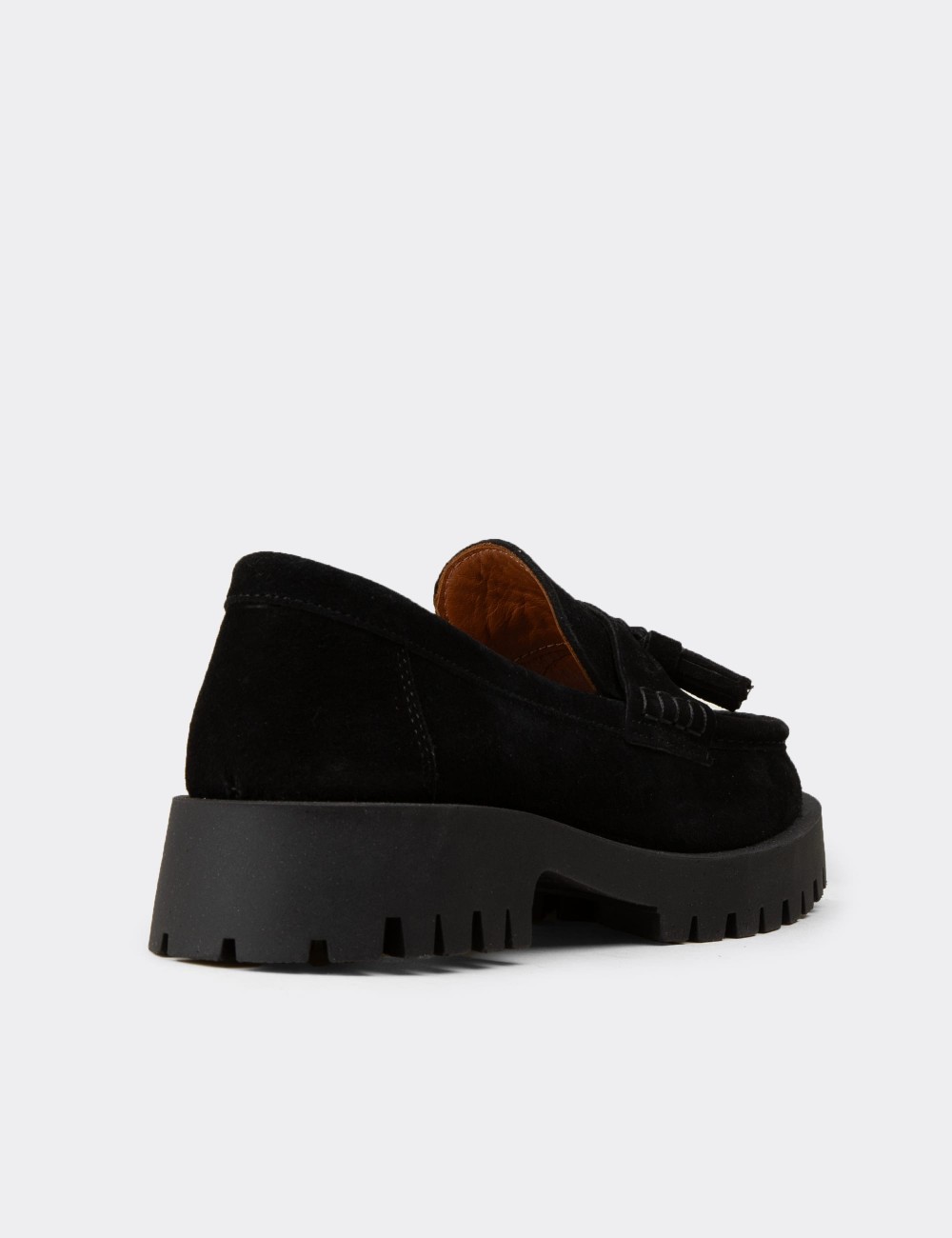 Women's Black Suede Leather Tassel Loafers - 02035ZSYHC01