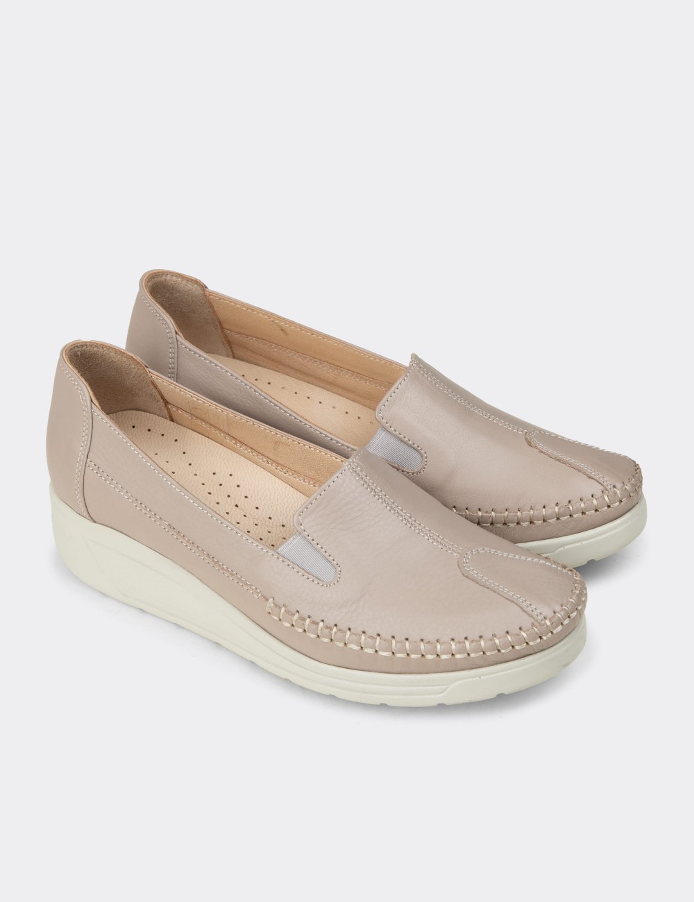 Women's Beige Leather Comfort Wedge Slip-On - N0134ZBEJC01