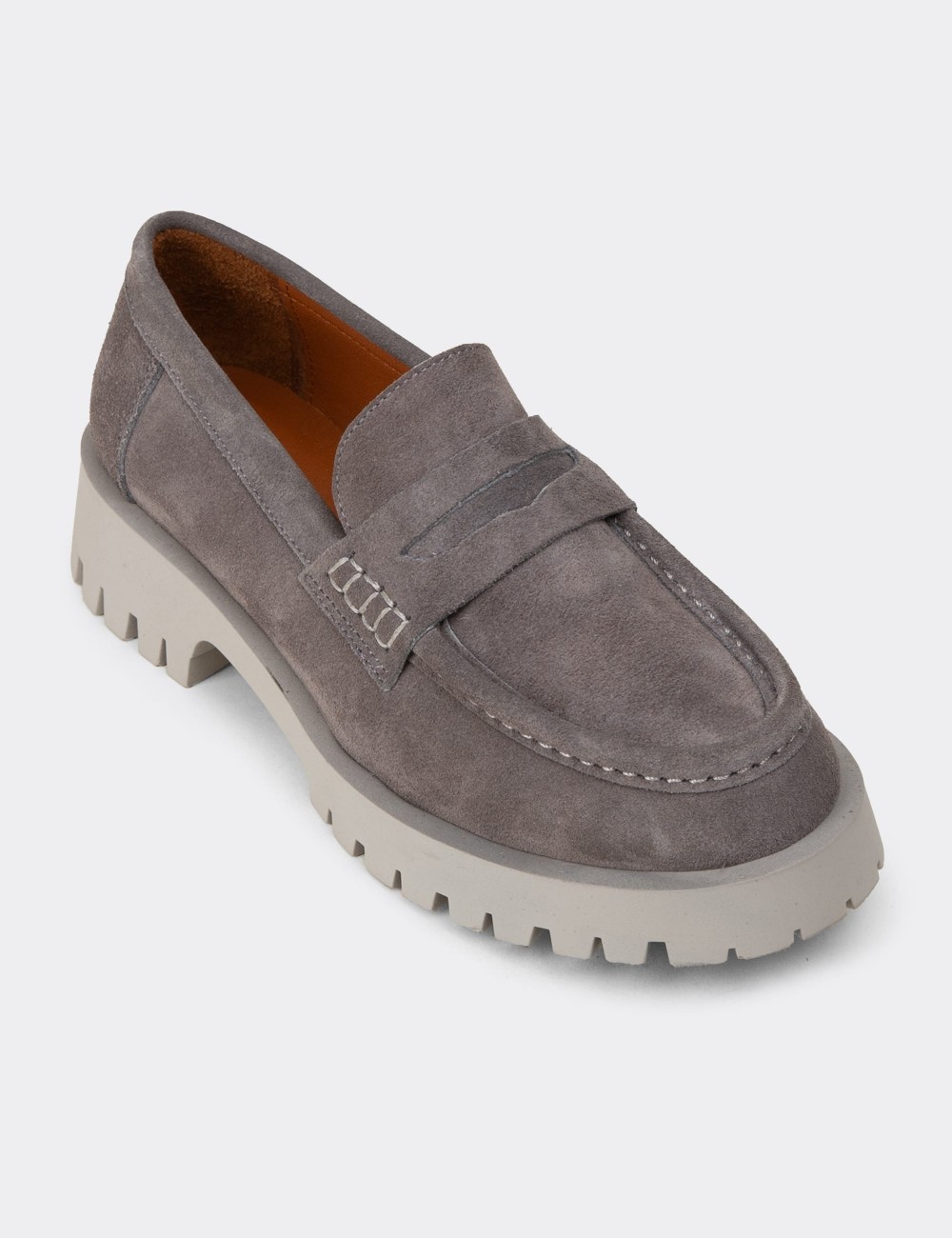 Women's Gray Suede Leather Loafers - 02034ZGRIC01