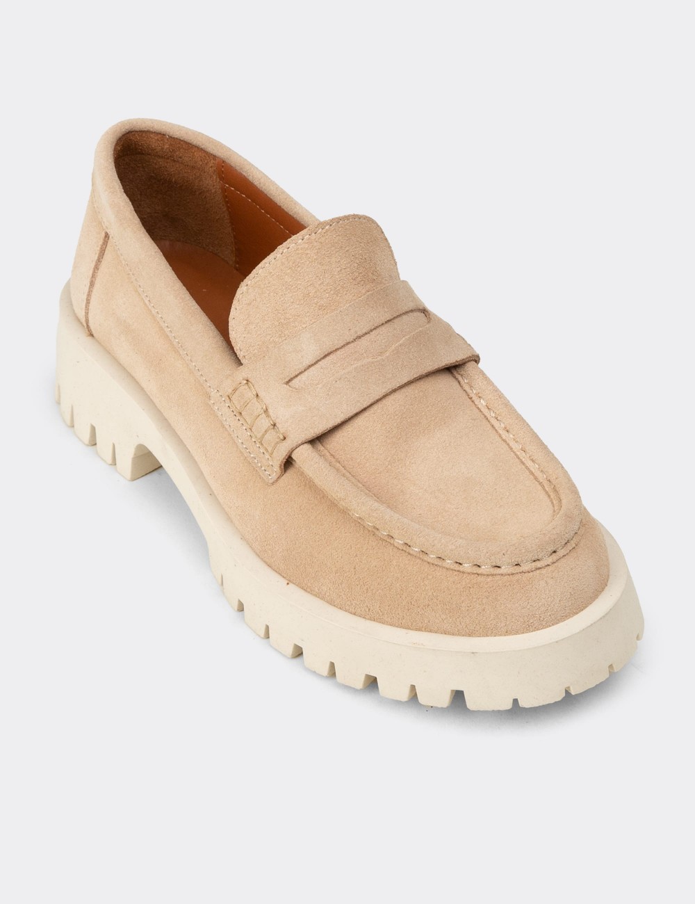 Women's Beige Suede Leather Loafers - 02034ZBEJC01