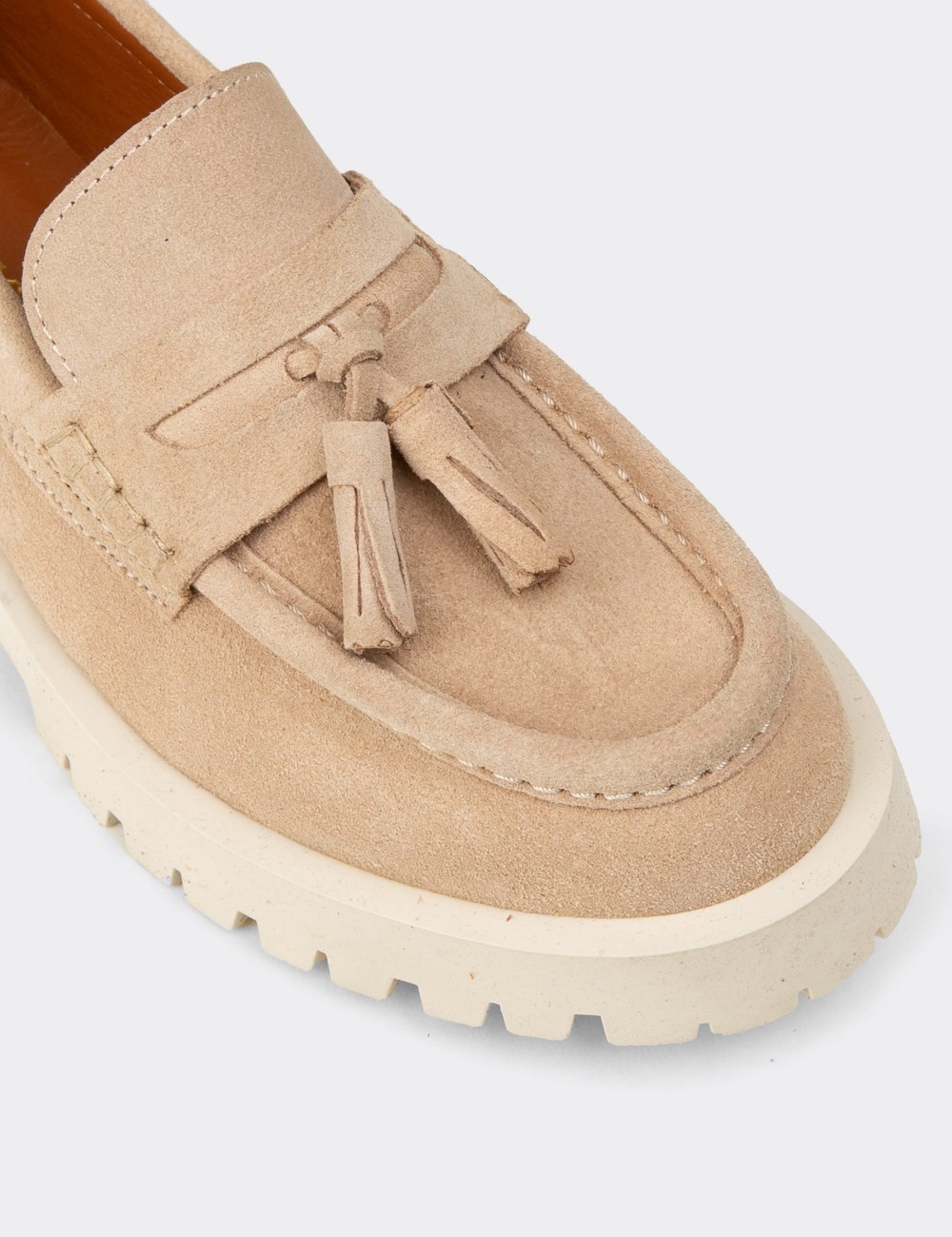 Women's Beige Suede Leather Loafers - 02035ZBEJC01