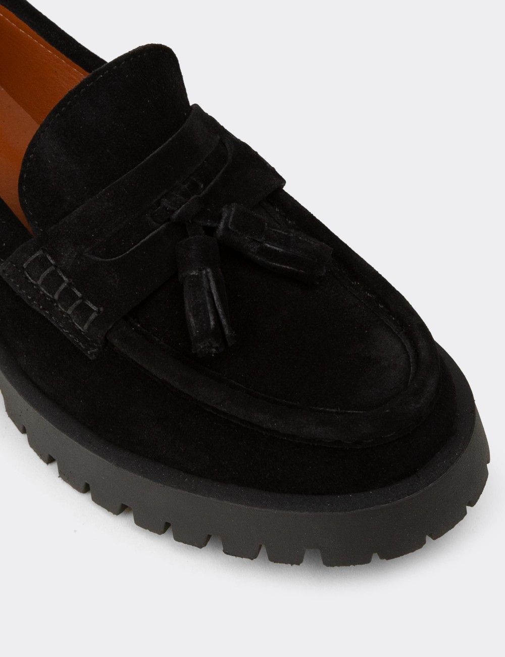 Women's Black Suede Leather Tassel Loafers - 02035ZSYHC01