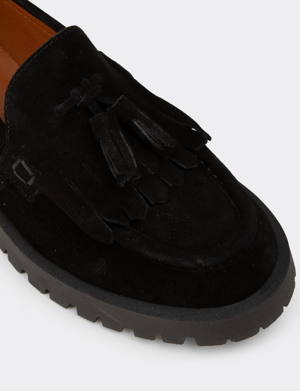 Women's Black Suede Leather Tassel Loafers - 02033ZSYHC01