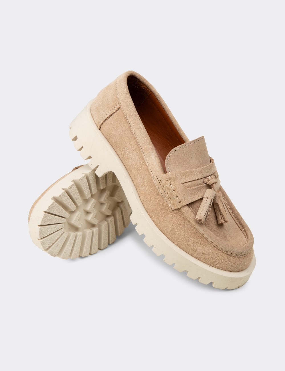 Women's Beige Suede Leather Loafers - 02035ZBEJC01