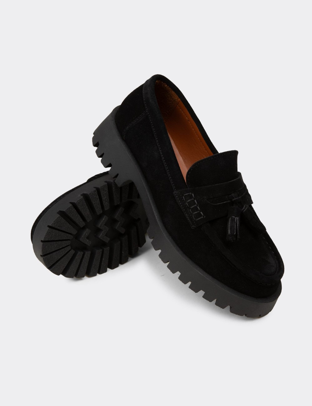 Women's Black Suede Leather Tassel Loafers - 02035ZSYHC01