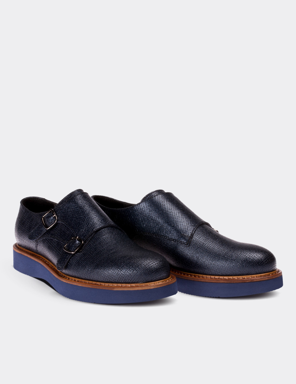 Navy  Leather Monk Straps Shoes - 01614ZLCVE05