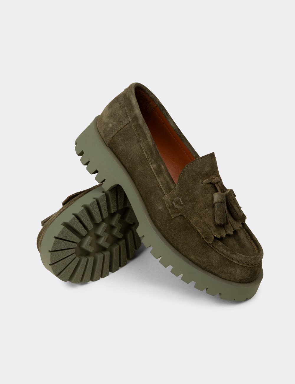 Women's Green Suede Leather Tassel Loafers - 02033ZYSLC01