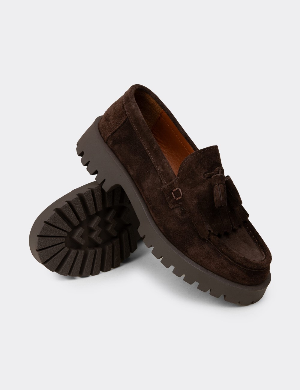 Women's Brown Suede Leather Tassel Loafers - 02033ZKHVC01