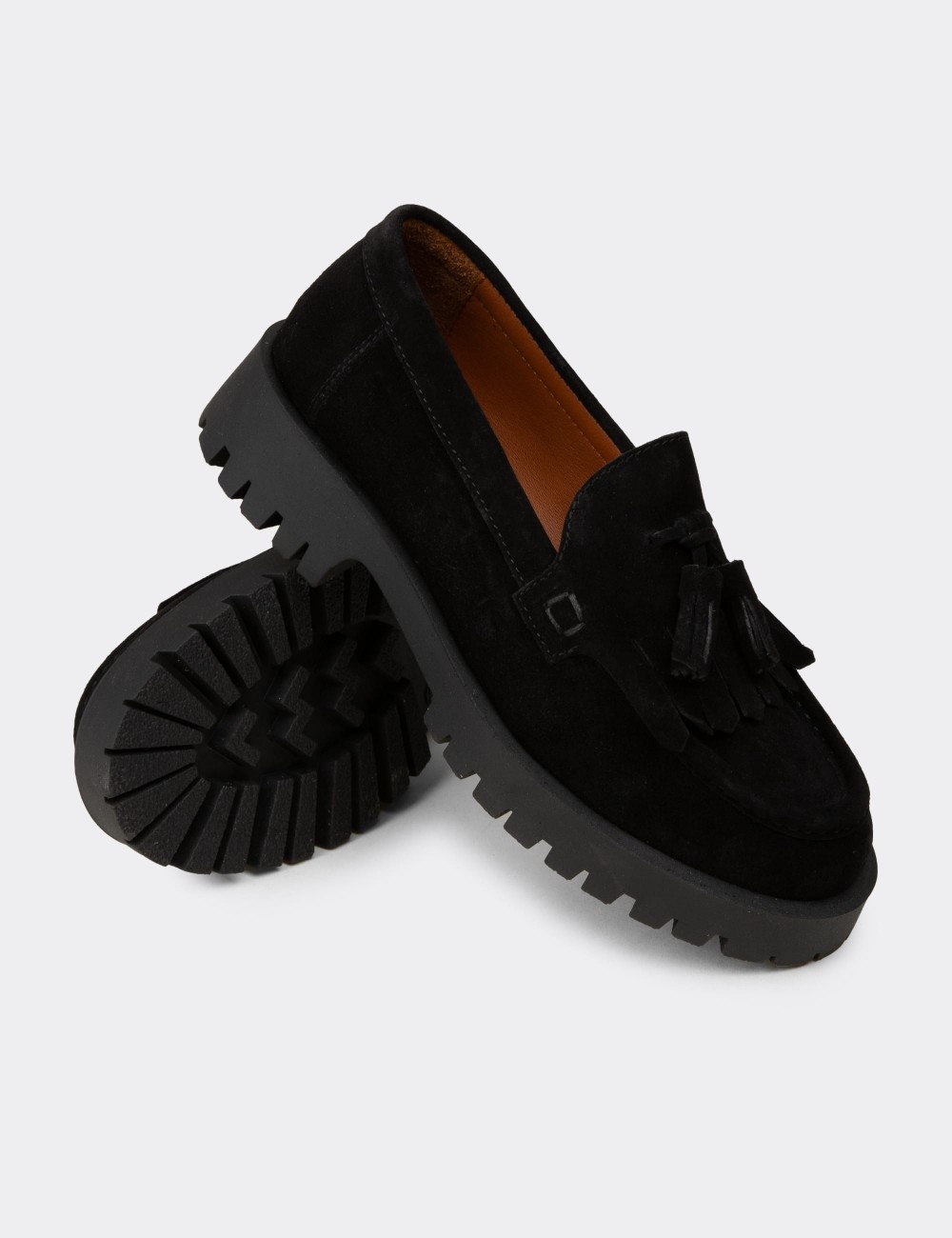 Women's Black Suede Leather Tassel Loafers - 02033ZSYHC01