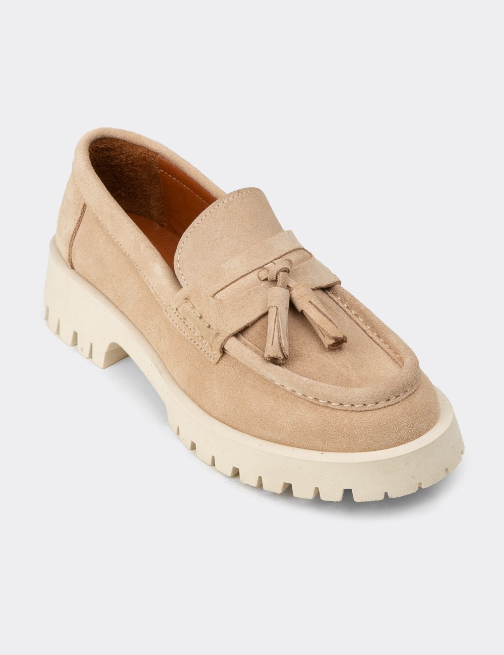 Women's Beige Suede Leather Loafers - 02035ZBEJC01