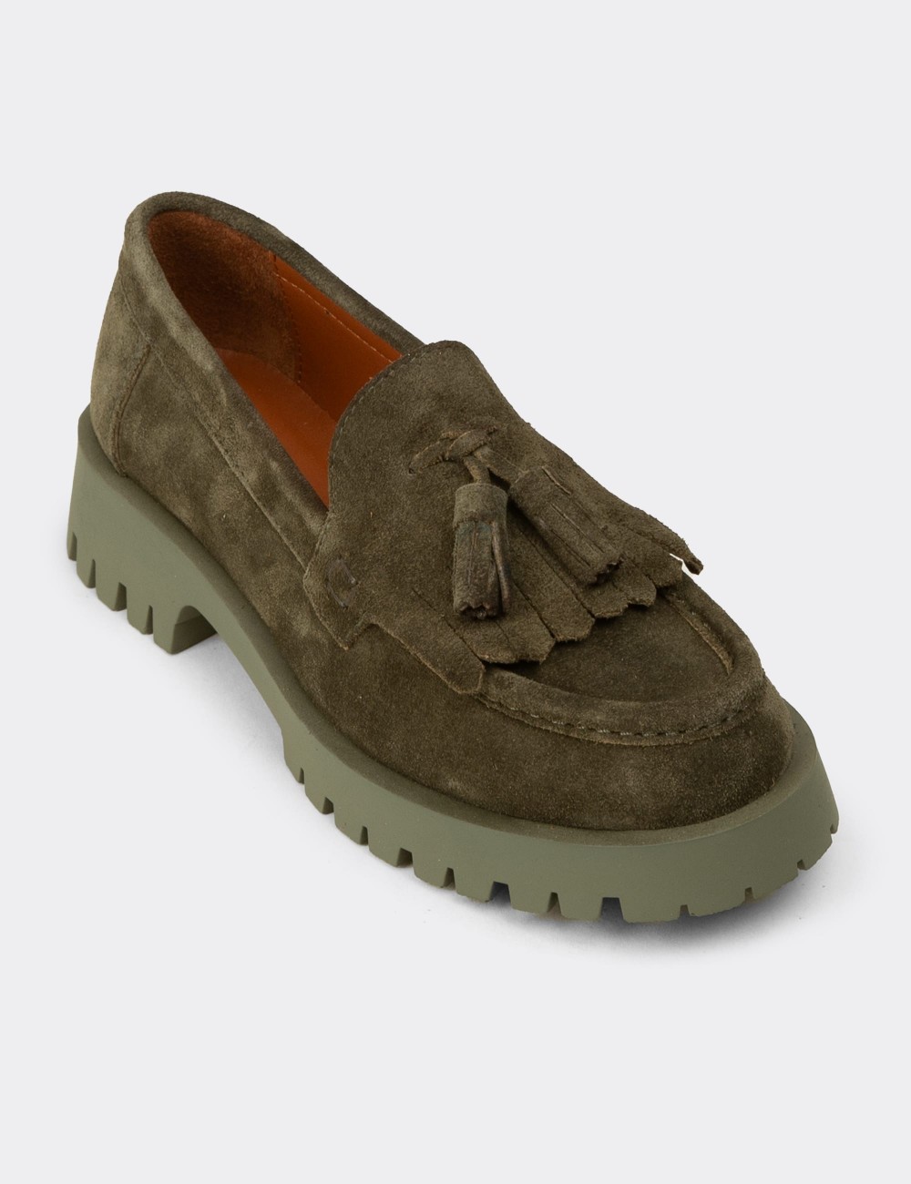 Women's Green Suede Leather Tassel Loafers - 02033ZYSLC01