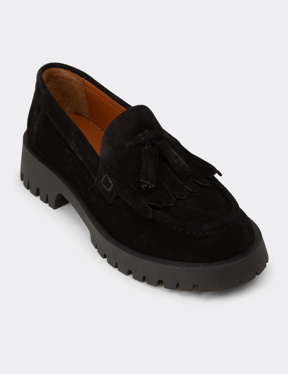 Women's Black Suede Leather Tassel Loafers - 02033ZSYHC01