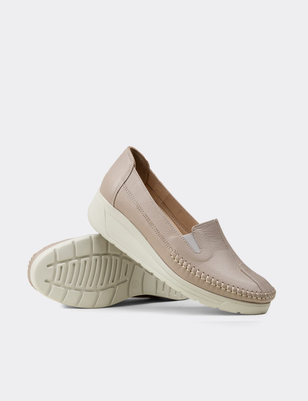 Women's Beige Leather Comfort Wedge Slip-On - N0134ZBEJC01