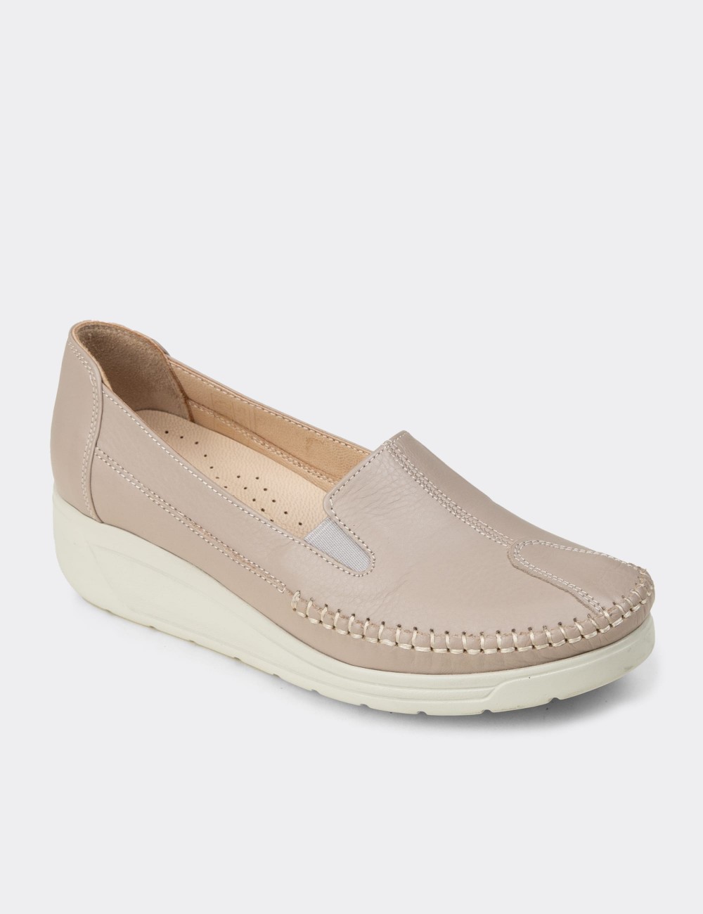 Women's Beige Leather Comfort Wedge Slip-On - N0134ZBEJC01