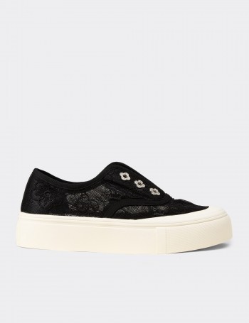 Women's Black Lace-Detail Sneakers