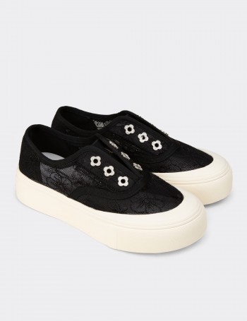 Women's Black Lace-Detail Sneakers