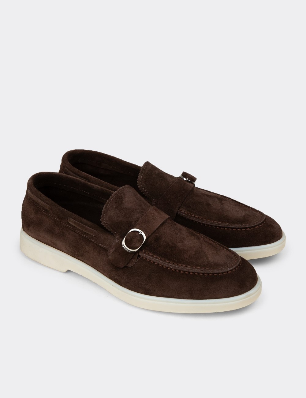 Men's Brown Suede Leather Monk Strap Loafers - 02031MKHVC01