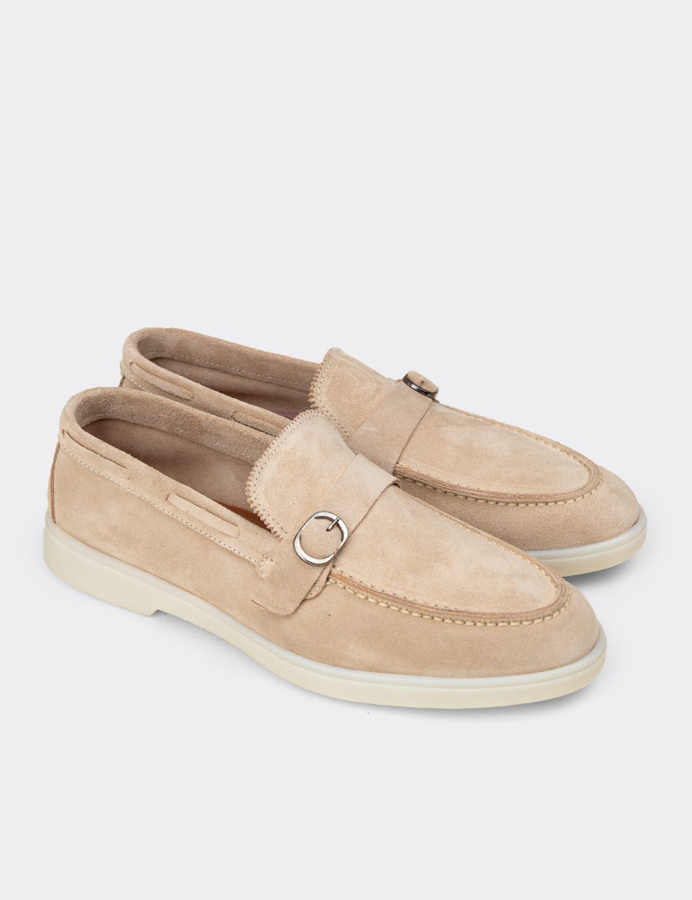 Men's Beige Suede Leather Monk Strap Shoes - 02031MBEJC01