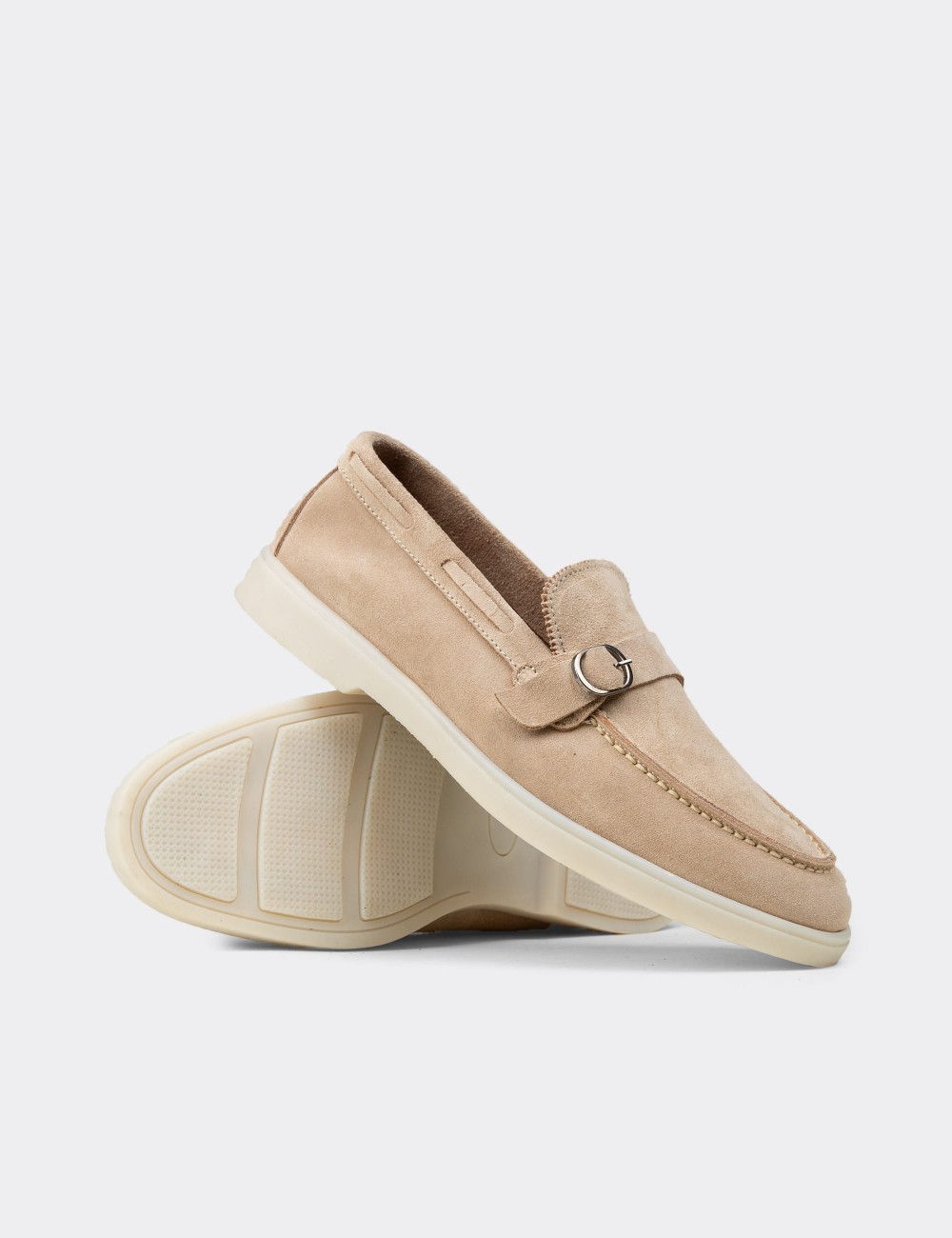 Men's Beige Suede Leather Monk Strap Shoes - 02031MBEJC01