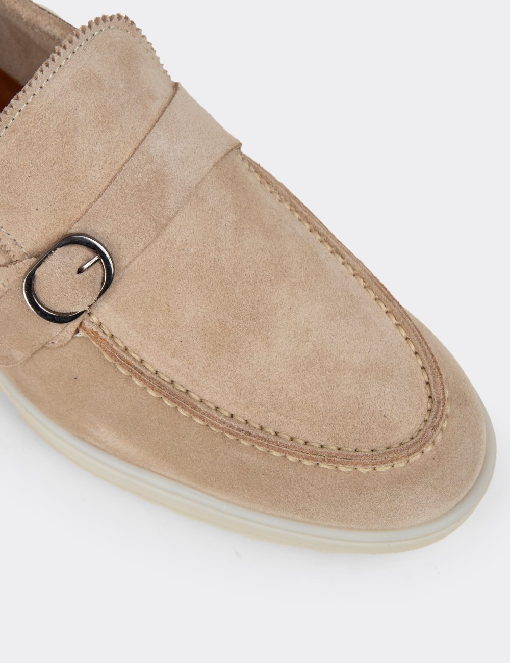 Men's Beige Suede Leather Monk Strap Shoes - 02031MBEJC01