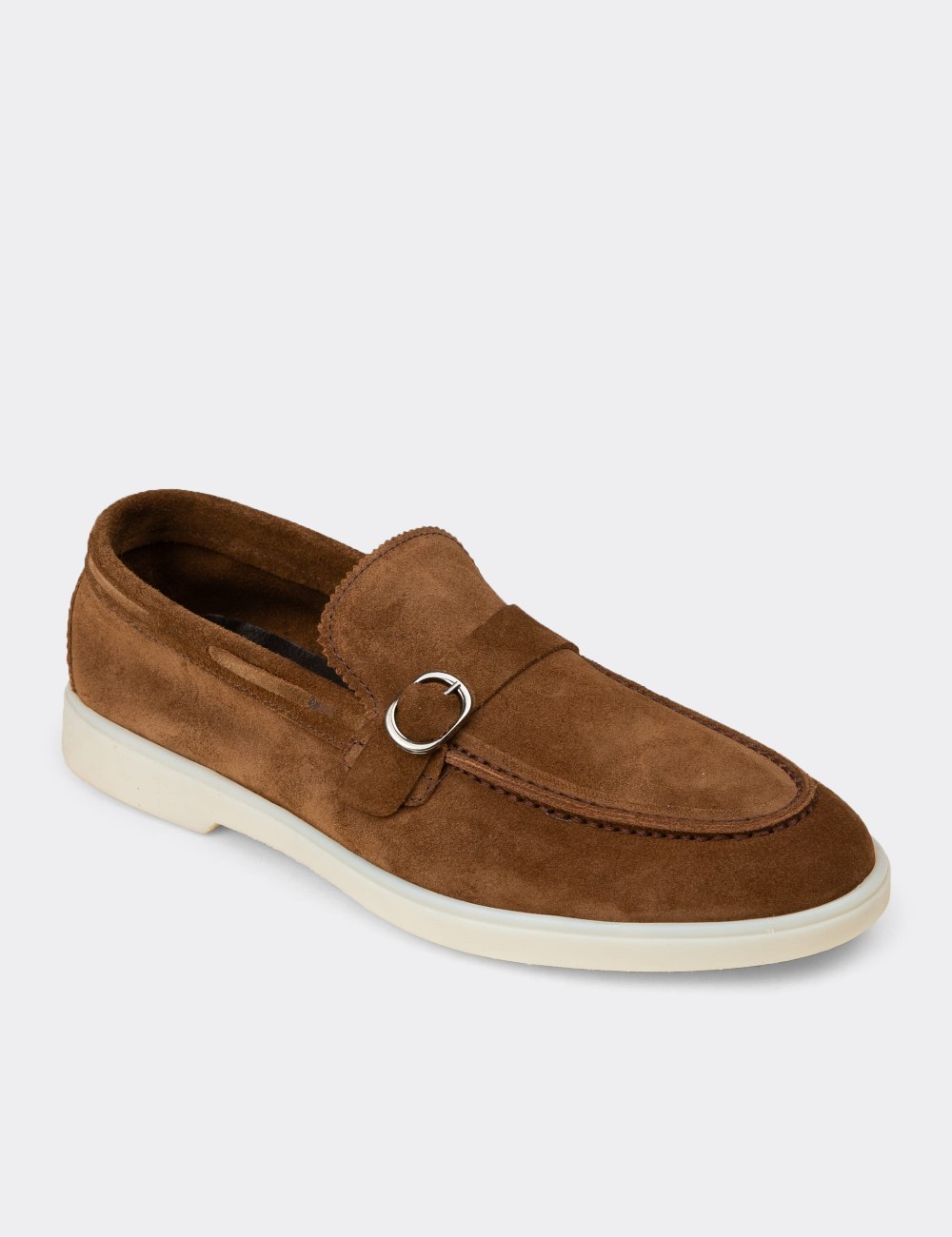 Men's Tan Suede Leather Monk Strap Shoes - 02031MTBAC01
