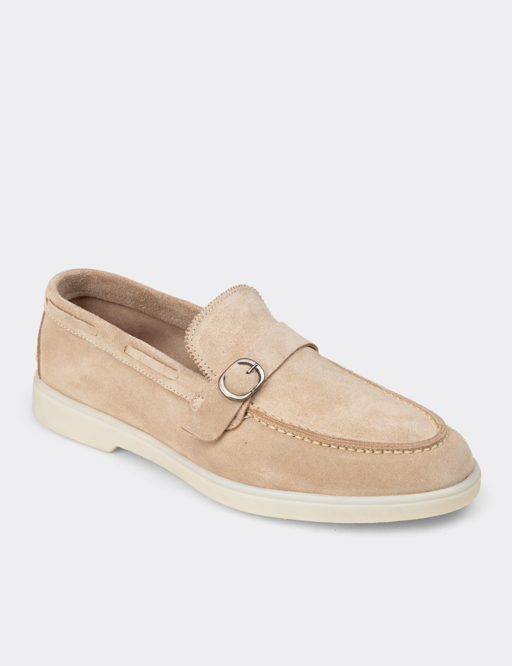 Men's Beige Suede Leather Monk Strap Shoes - 02031MBEJC01