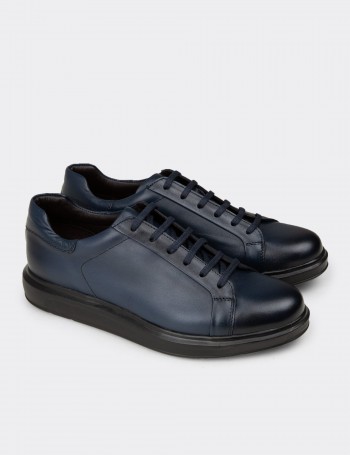 Men's Navy Leather Casual Lace-up Shoes