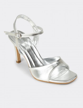 Women's Silver High Heel Ankle Strap Evening Sandals