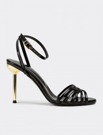 Women's Black Strappy Gold Heeled Evening Sandals - K0164ZSYHM01