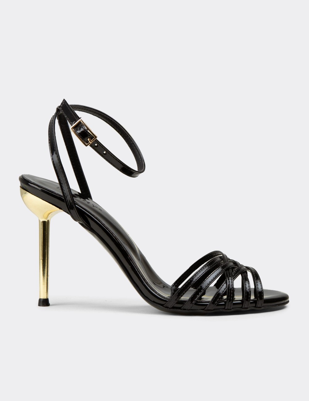 Women's Black Strappy Gold Heeled Evening Sandals - K0164ZSYHM01