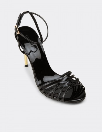 Women's Black Strappy Gold Heeled Evening Sandals - K0164ZSYHM01