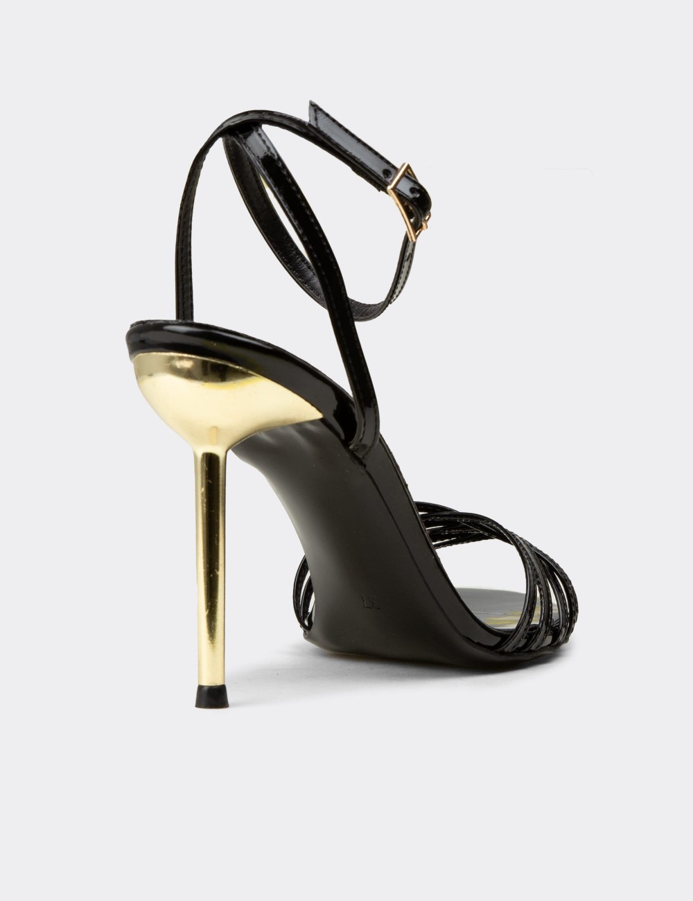 Women's Black Strappy Gold Heeled Evening Sandals - K0164ZSYHM01