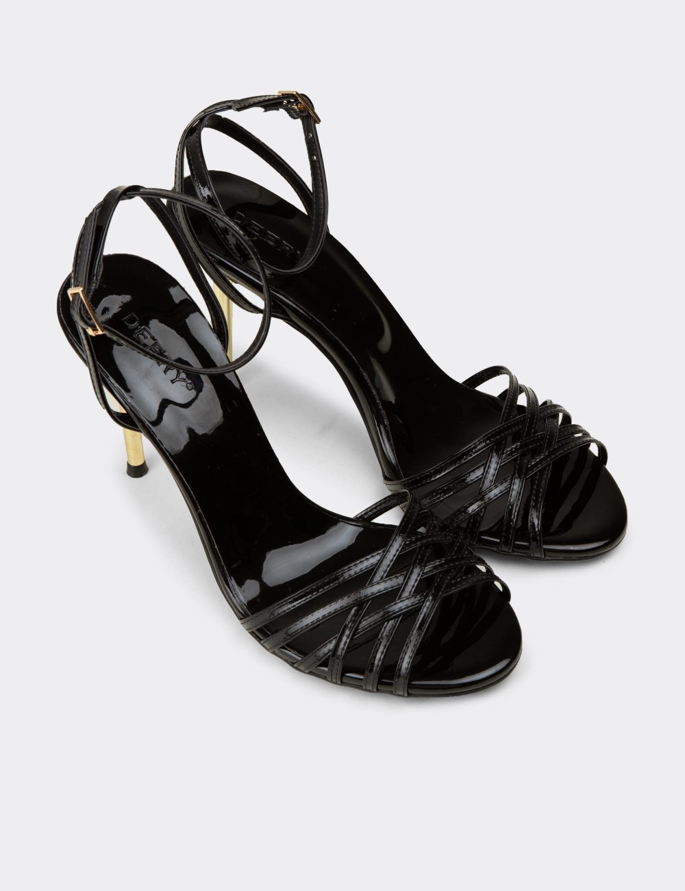 Women's Black Strappy Gold Heeled Evening Sandals - K0164ZSYHM01