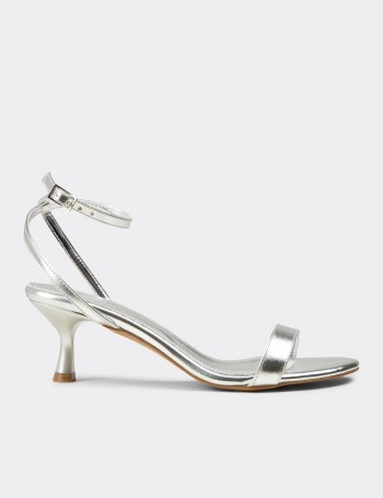 Women's Silver Simple Strappy Heeled Sandals - K7110ZGMSM01