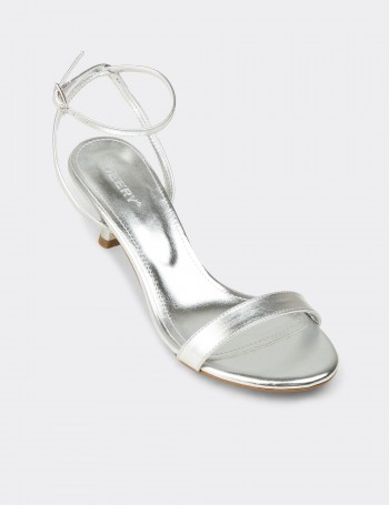 Women's Silver Simple Strappy Heeled Sandals - K7110ZGMSM01