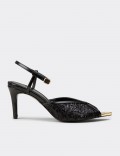 Women's Black Sequin Ankle Strap Evening Heels